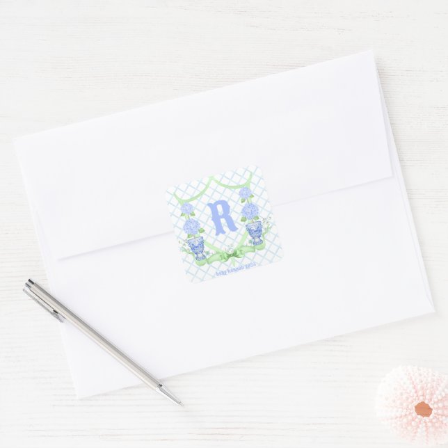 Chinoiserie Hydrangea Monogram Square Sticker (Envelope)