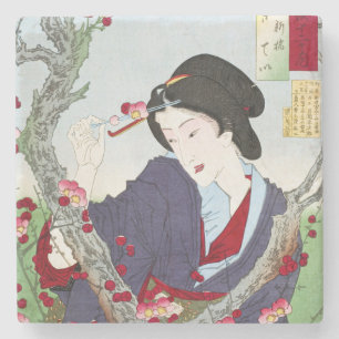 Chinoiserie Japanese Lady & Red Cherry Blossom Stone Coaster