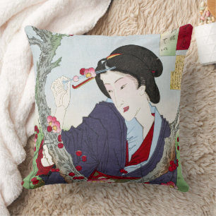 Chinoiserie Japanese Lady & Red Cherry Blossom Throw Pillow