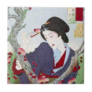 Chinoiserie Japanese Lady & Red Cherry Blossom Tile