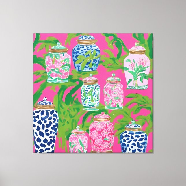 Chinoiserie jars and banana leaves on hot pink canvas print (Front)