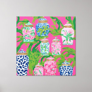 Chinoiserie jars and palm leaves on hot pink canvas print