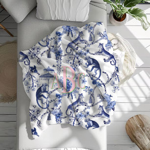 Chinoiserie Jungle Toile Blue & White Monogram Fleece Blanket