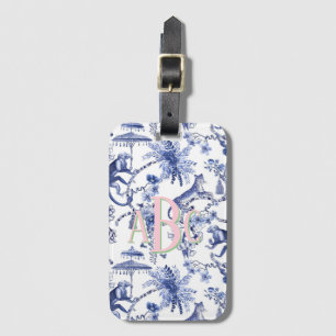 Chinoiserie Jungle Toile   Blue & White Monogram Luggage Tag