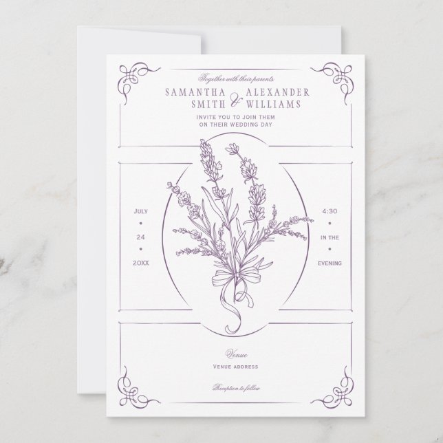 Chinoiserie Lavender Bouquet Victorian Wedding Invitation (Front)