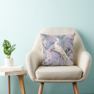 Chinoiserie Lavender Floral Egret Throw Pillow