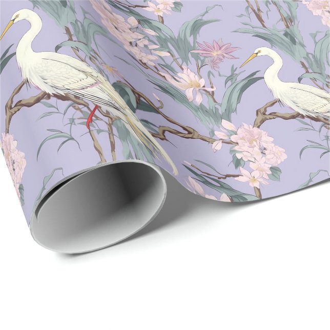 Chinoiserie Lavender Floral Egret Wrapping Paper (Roll Corner)