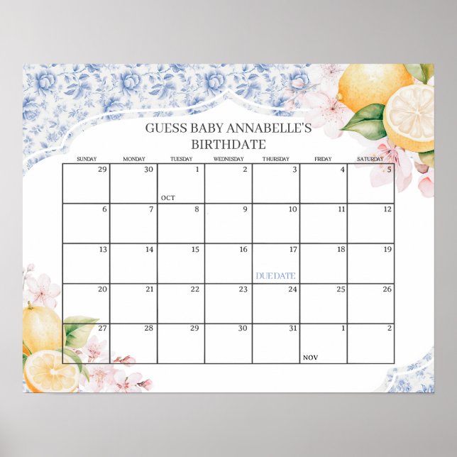 Chinoiserie Lemon Tea Baby Shower Guess Due Date Poster (Front)