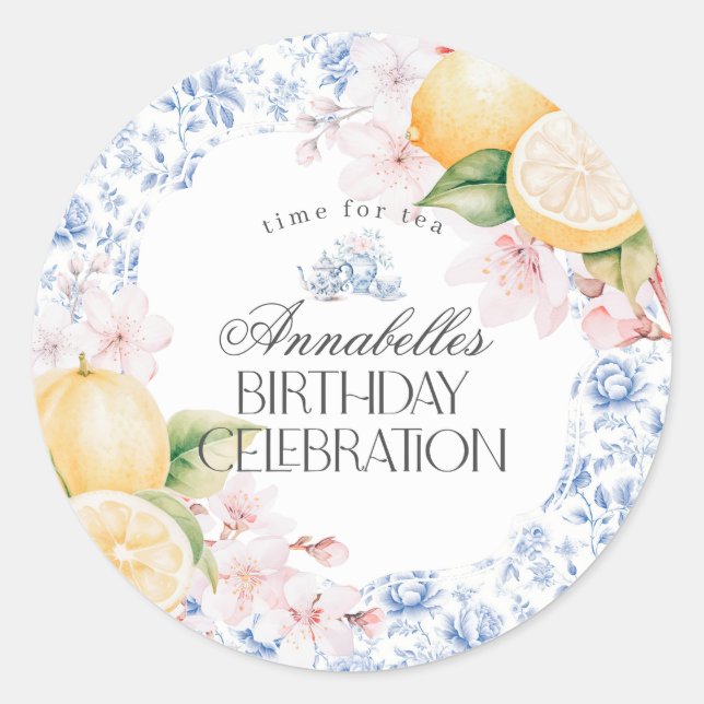 Chinoiserie Lemon Tea Birthday Party Invitation Classic Round Sticker (Front)