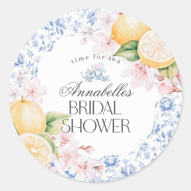 Chinoiserie Lemon Tea Bridal Shower Invitation Classic Round Sticker (Front)