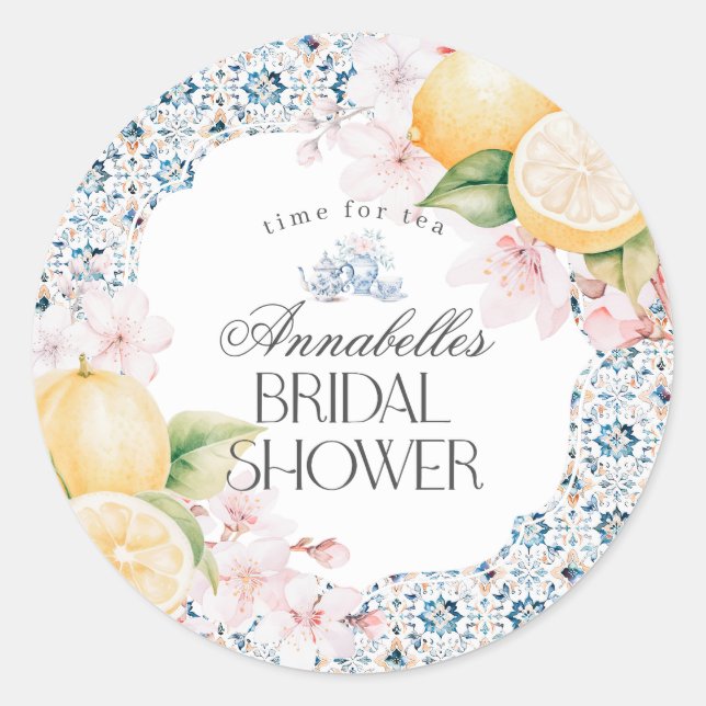 Chinoiserie Lemon Tea Bridal Shower Invitation Classic Round Sticker (Front)