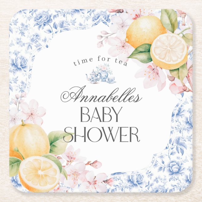 Chinoiserie Lemon Tea Party Baby Shower Decor Square Paper Coaster (Front)