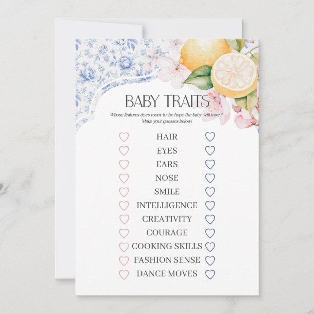 Chinoiserie Lemon Tea Party Baby Traits Game Invitation (Front)
