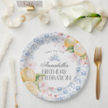 Chinoiserie Lemon Tea Party Birthday Table Decor Paper Plate<br><div class="desc">It’s time to Par-tea! Elevate your next birthday party with this delicate bouquet of light blue chinoiserie florals. This whimsical floral theme is inspired by the charm of a French garden,  featuring a pastel toile pattern with zesty lemons and soft pink flowers.</div>