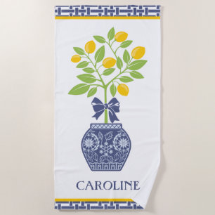 Chinoiserie Lemon Tree Personalized Beach Towel