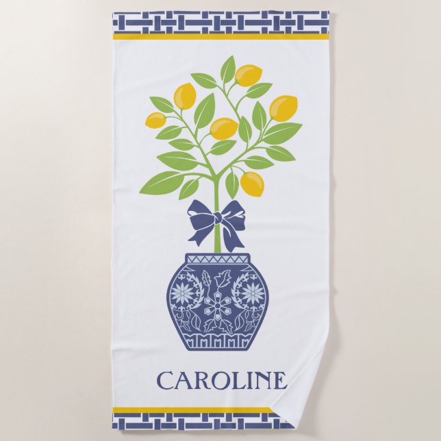Chinoiserie Lemon Tree Personalized Beach Towel (Front)