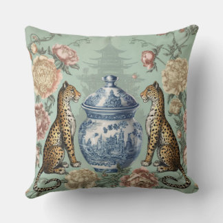 Chinoiserie Leopard Ginger Jar Art Throw Pillow