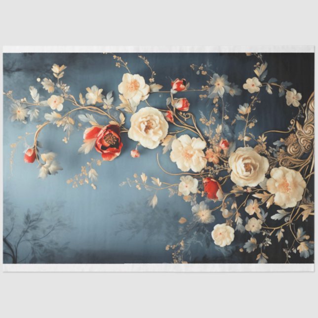 Chinoiserie Midnight Blue, Dark Moody Florals   Tissue Paper (Front)