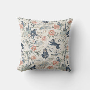 Chinoiserie Monkey and Peony Floral Design Outdoor Pillow