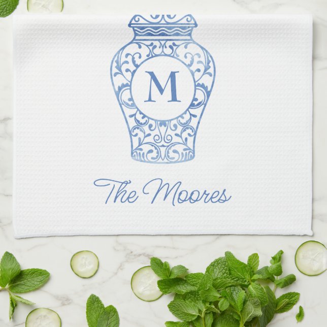 Chinoiserie Monogrammed Ginger Jar Kitchen Towel (Folded)