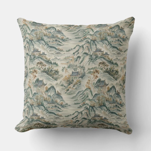 Chinoiserie Mountain Scene Throw Pillow (Front)