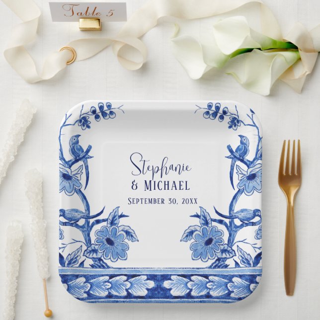Chinoiserie Navy Blu Floral Bird Art Bridal Shower Paper Plate (Wedding)