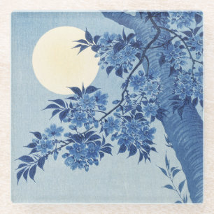 Chinoiserie Navy Blue Cherry Blossom & Full Moon Glass Coaster
