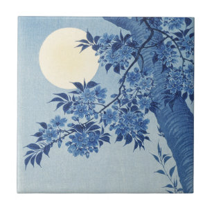 Chinoiserie Navy Blue Cherry Blossom & Full Moon Tile