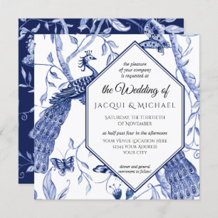 Chinoiserie Navy Blue Peacock Butterfly Hexagon Invitation