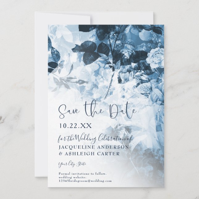 Chinoiserie Navy Blue White Floral Script Photo Save The Date (Front)