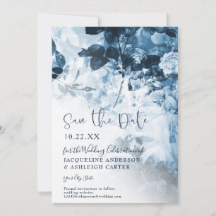 Chinoiserie Navy Blue White Floral Script Photo Save The Date