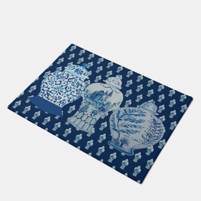 Chinoiserie Navy Blue White Ginger Jars Doormat (Angled)