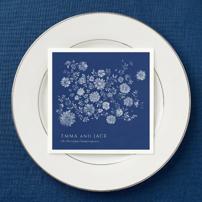 Chinoiserie Navy Blue Wildflower Bouquet Wedding Napkin (Chinoiserie Navy Blue Wildflower Bouquet Wedding Napkins)