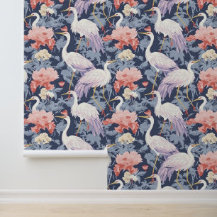 Chinoiserie Navy Flowers & Egrets Pattern Wallpaper