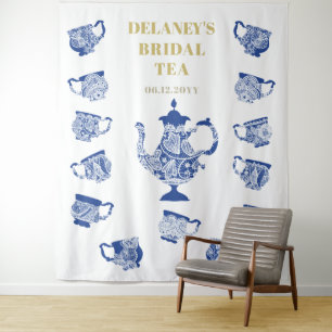 Chinoiserie Navy Tea Lace Bridal Shower Backdrop Tapestry