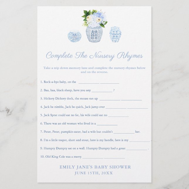 Chinoiserie Nursery Rhymes Baby Shower Game Card (Front)