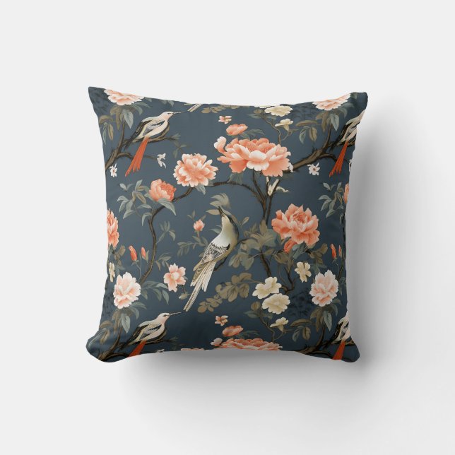Chinoiserie on Denim Blue Throw Pillow (Front)