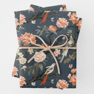 Chinoiserie on Denim Blue Wrapping Paper Sheet