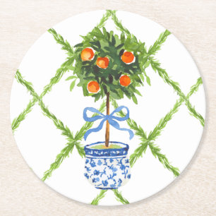 Chinoiserie Orange Citrus Topiary Round Paper Coaster