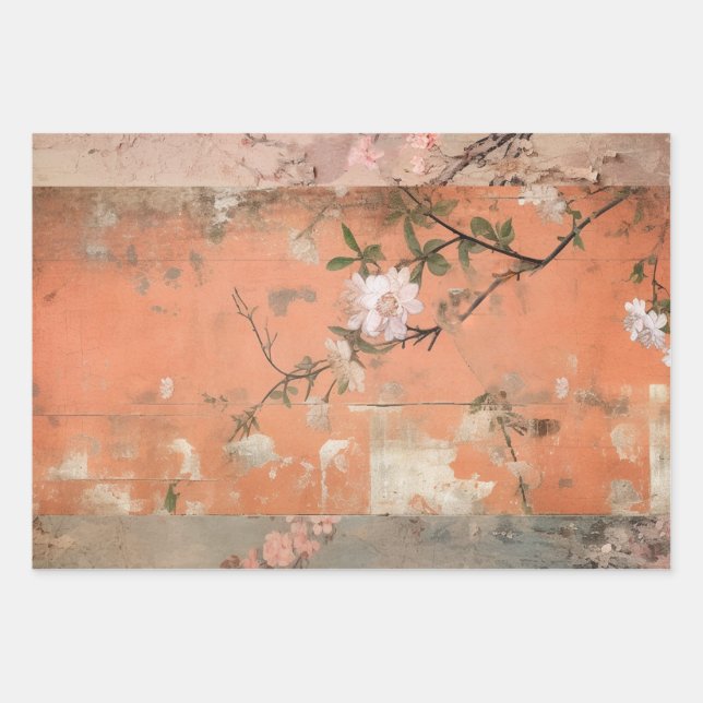 Chinoiserie Orange Sherbet Collage Wrapping Paper Sheet (Front)