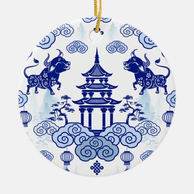 Chinoiserie ornement de Noël Bull & Pagode (Devant)