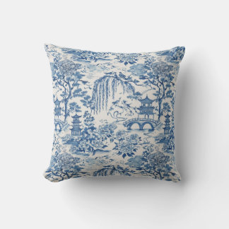 Chinoiserie Pagoda and Birds Blue Floral Design Outdoor Pillow