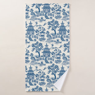 Chinoiserie Pagoda Blue on White Bath Towel Set