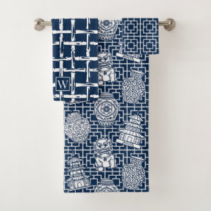 Chinoiserie Pagoda – Navy Preppy Asian Garden Bath Towel Set