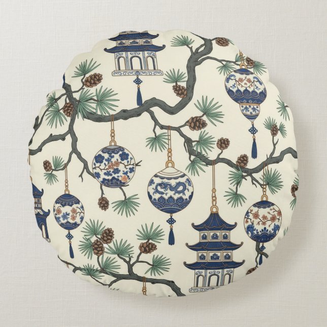 Chinoiserie Pagoda Ornament Design Pine Branch Round Pillow (Front)