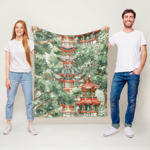 Chinoiserie Pagoda Sage Green Forest Fleece Blanket