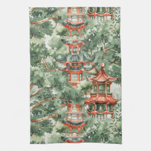 Chinoiserie Pagoda Sage Green Forest Kitchen Towel