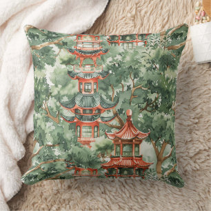 Chinoiserie Pagoda Sage Green Forest Throw Pillow