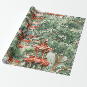 Chinoiserie Pagoda Sage Green Forest Wrapping Paper