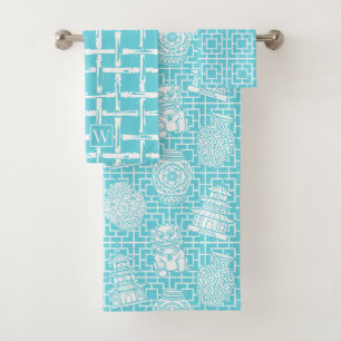Chinoiserie Pagoda – Turquoise Preppy Asian Garden Bath Towel Set